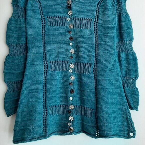 PURE HANDKNIT | Chunky Knit Cardigan Tunic Sweater Teal Sz S/M - Picture 3 of 13